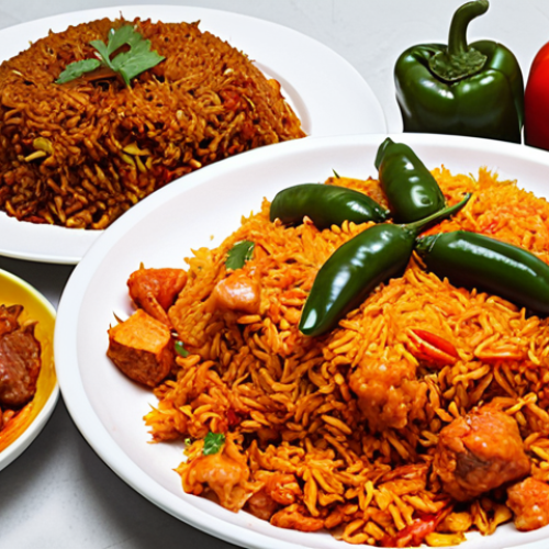 Home 4 **A vibrant plate of Jollof Rice**, showcasing the variations across West African countries (Nigeria, Ghana, Senegal). Include tomatoes, peppers, rice, spices, chicken/beef/fish, and diverse colors. The scene captures the essence of a delicious West African meal.