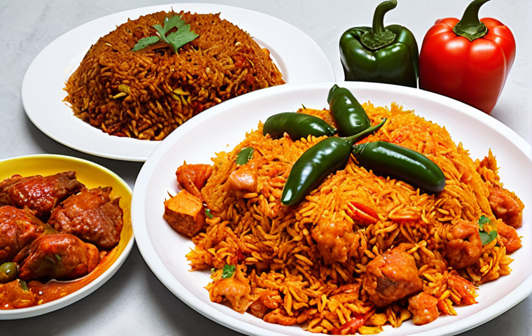 **A vibrant plate of Jollof Rice**, showcasing the variations across West African countries (Nigeria, Ghana, Senegal). Include tomatoes, peppers, rice, spices, chicken/beef/fish, and diverse colors. The scene captures the essence of a delicious West African meal.