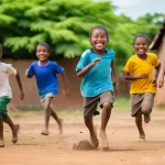 나이지리아와 남아공의 스포츠 인기 차이 - **Joyful Children's Football Match in an African Village**
"A vibrant, wide-angle shot of a grou...