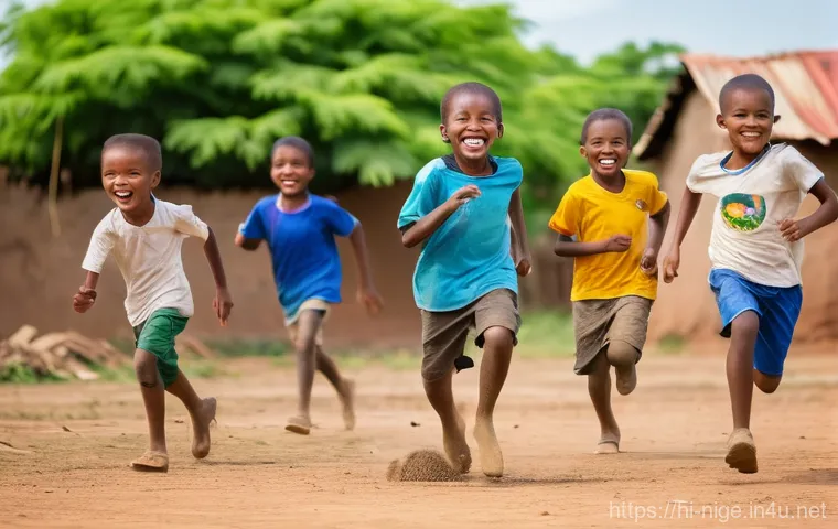 나이지리아와 남아공의 스포츠 인기 차이 - **Joyful Children's Football Match in an African Village**
"A vibrant, wide-angle shot of a grou...
