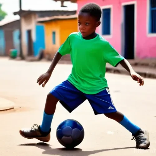 Home 26 제이제 오코차 전설적인 선수 - **Prompt 1: Young Jay-Jay's Street Magic**
A young, vibrant Nigerian boy, around 8-10 years old,...